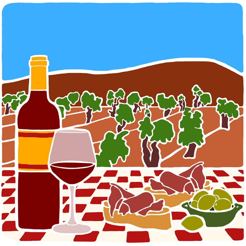 Illustration de Blandine Lamy - Tapas au pays Basque face aux vignes - webmag vin EuroCave Illustration de Blandine Lamy - Tapas au pays Basque face aux vignes - webmag vin EuroCave