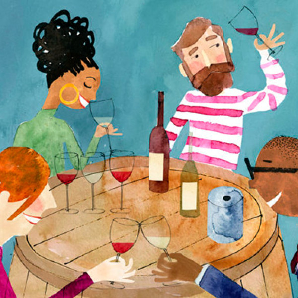 Apprendre à déguster le vin en cinq étapes. Illustration de Ryan McAmis Apprendre à déguster le vin en cinq étapes. Illustration de Ryan McAmis
