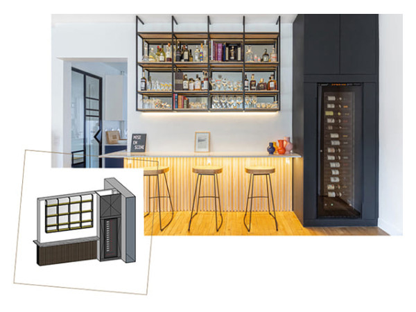 Photo bar de salon avec cave à vin intégrée dans un meuble - Projet d'archi - Renovation d'un appartement à Paris - Plan 3D Photo bar de salon avec cave à vin intégrée dans un meuble - Projet d'archi - Renovation d'un appartement à Paris - Plan 3D