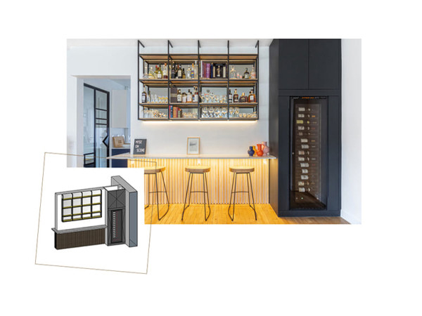 Photo bar de salon avec cave à vin intégrée dans un meuble - Projet d'archi - Renovation d'un appartement à Paris - Plan 3D