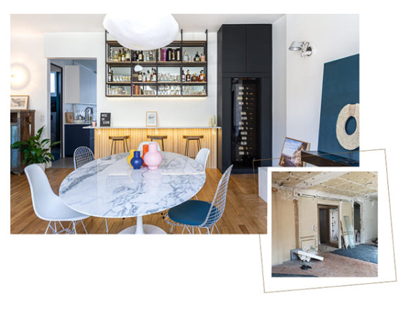 Avant/ Après - Photo bar de salon avec cave à vin intégrée dans un meuble - Projet d'archi - Renovation d'un appartement à Paris