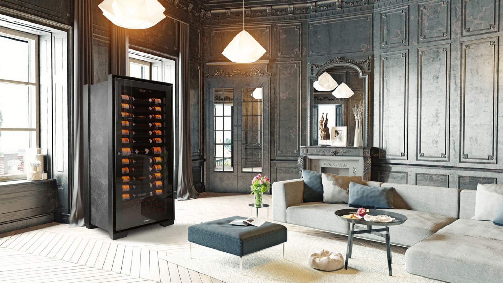 Photo d'une cave à vin haut de gamme dans un salon hausmanien luxueux avec une cheminée ancienne en marbre et parquet en chevron. - Collection Royale EuroCave