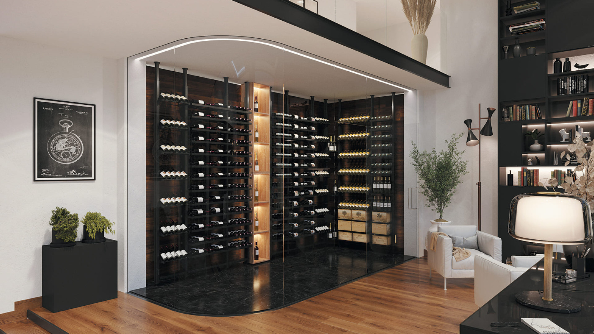  Espace vin climatisé luxueux aménagé dans un salon pour belle mise en valeur vos bouteilles. Rangement vin haute qualité en métal noir pour un style industriel.