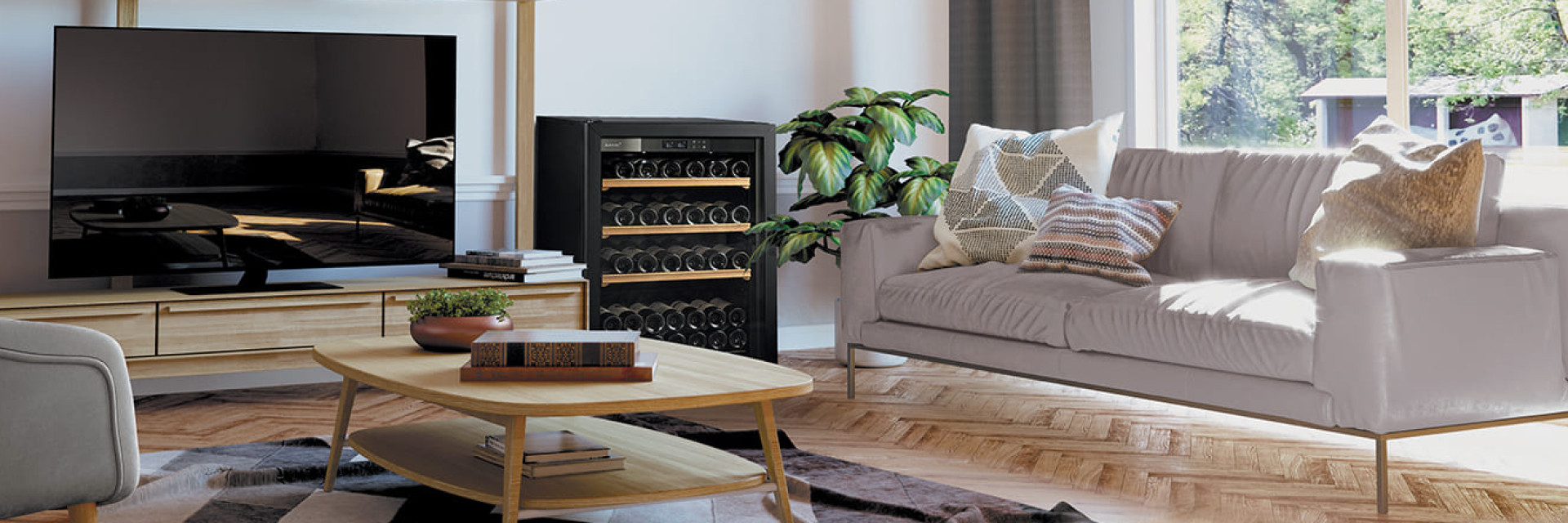 Petit frigo à vin bon rapport qualité prix porte vitrée dans un salon contemporain style scandinave avec parquet chevron – Cave à vin La première EuroCave