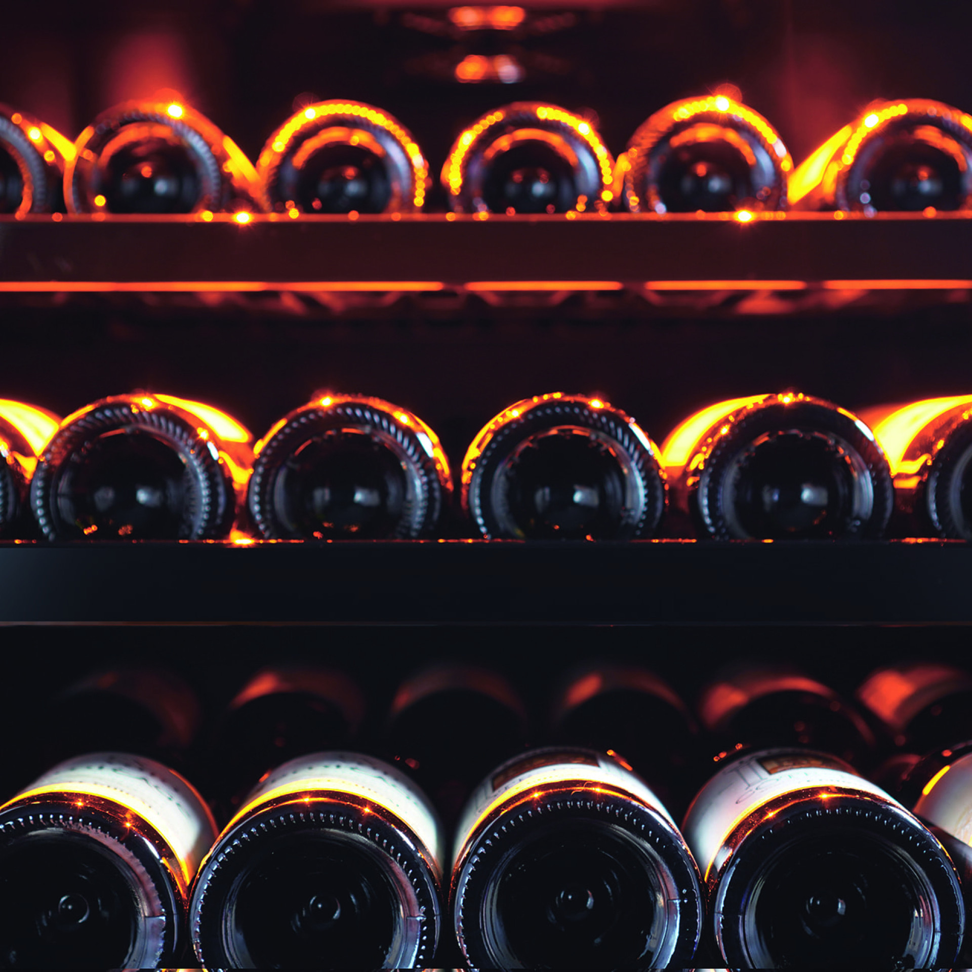 Rangement cave à vin - étagères en métal avec supports bouteilles individuels, façade noire brillante. Rangement cave à vin - étagères en métal avec supports bouteilles individuels, façade noire brillante.