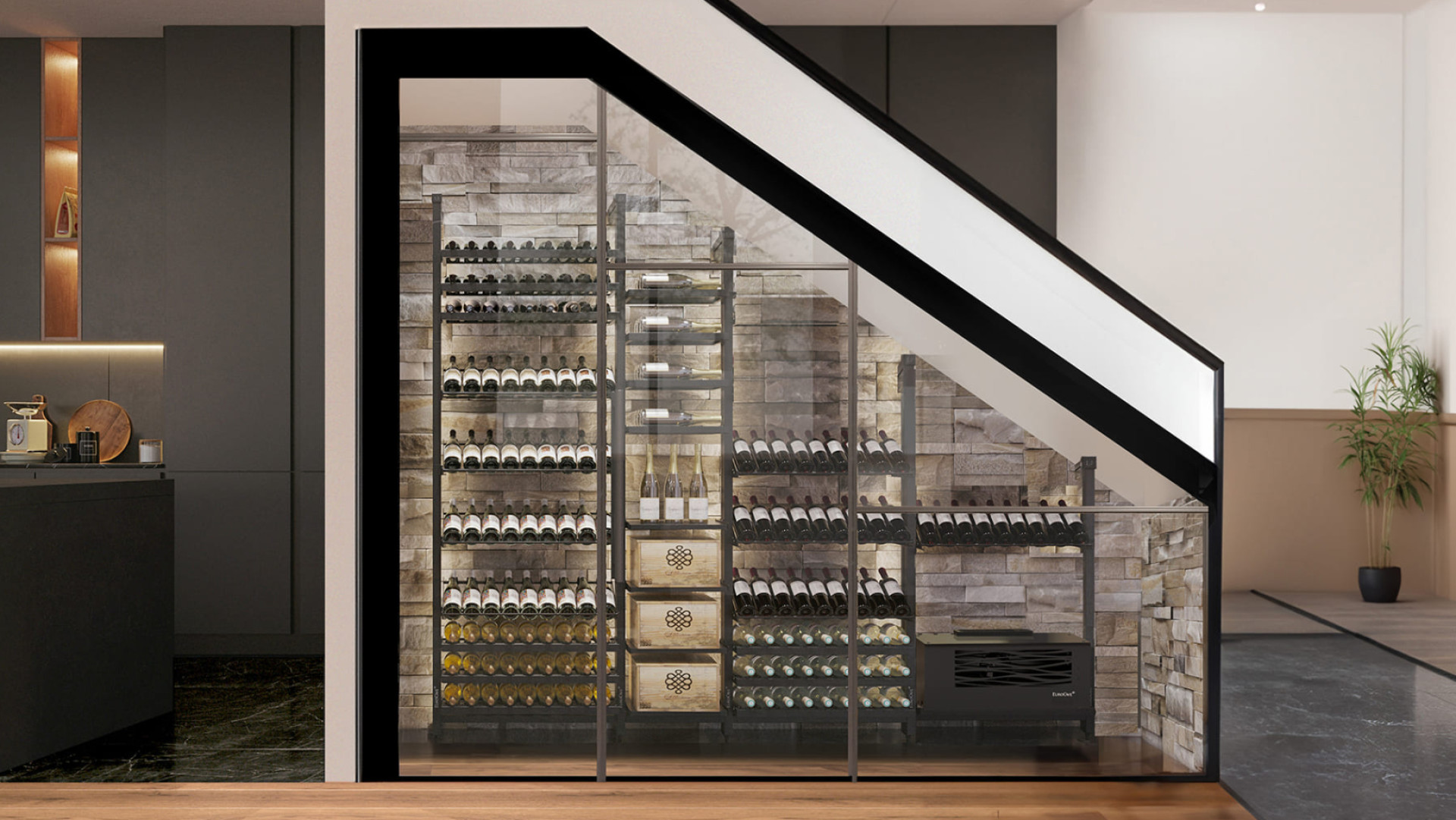 La bonne idée : créer un espace vin climatisé sous l'escalier dans un meuble sur-mesure. Un gain de place et une décoration d'intérieur haut de gamme.