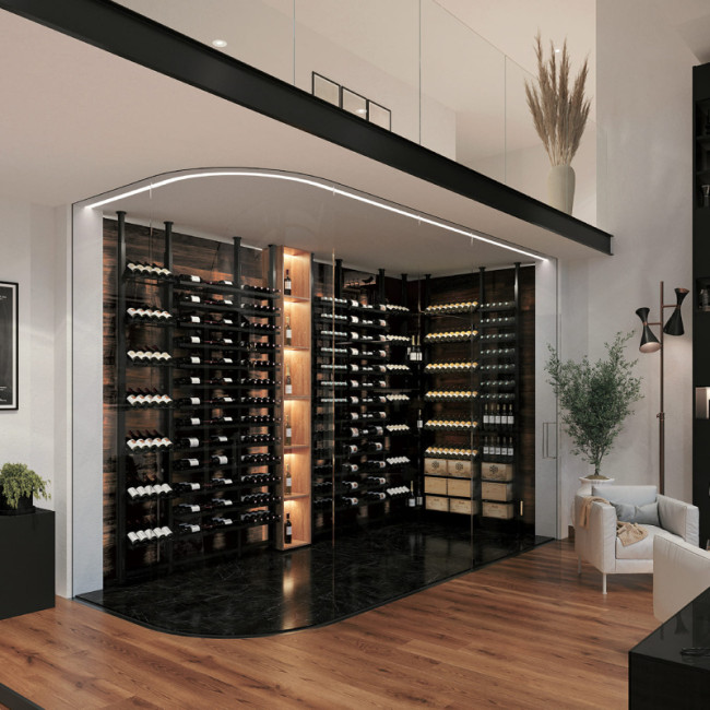Rangement vin en métal avec bouteilles suspendues. Agencement de cave haut de gamme. Fixation plafond ou au mur. Éclairage en option. Plusieurs façons de présenter ses vins. Rangement vin en métal avec bouteilles suspendues. Agencement de cave haut de gamme. Fixation plafond ou au mur. Éclairage en option. Plusieurs façons de présenter ses vins.