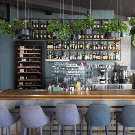 Cave à vin pro avec échelonnement de température installée derrière le bar pour des vins rouges, blancs ou rosés à portée de main, prêts à servir. Cave à vin pro avec échelonnement de température installée derrière le bar pour des vins rouges, blancs ou rosés à portée de main, prêts à servir.