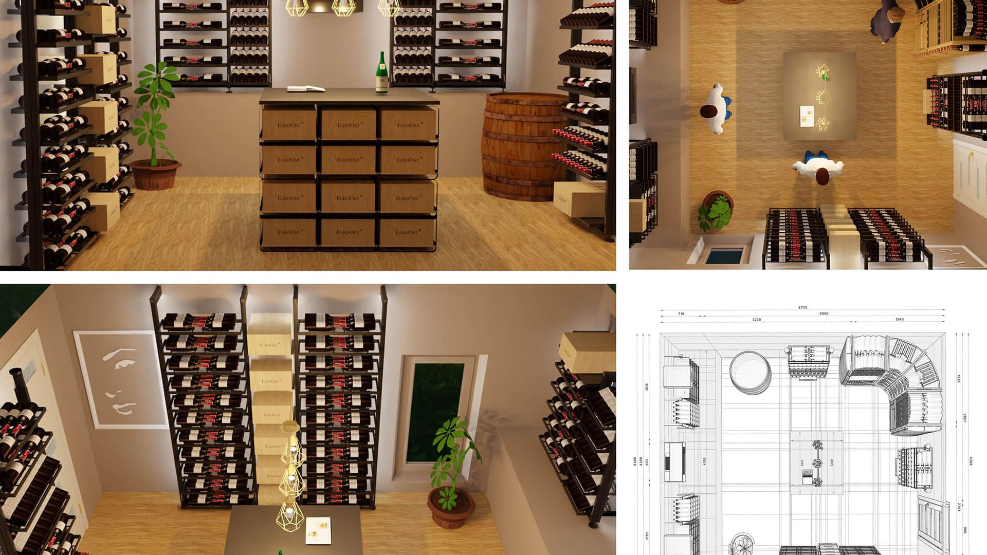 Conception 3d avec rendu réaliste d'un projet de cave à vin personnalisée et configuration des options du mobilier rangement vin. Décoration cave.