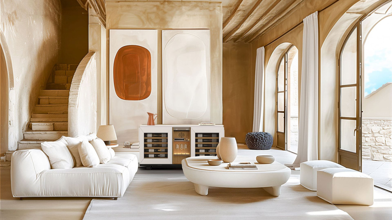 Meuble cave à vin Harmonie, un mobilier unique intégrant une vraie cave à vin de service et qui s'intègre dans toutes les décorations d'intérieur grâce à son choix de coloris.