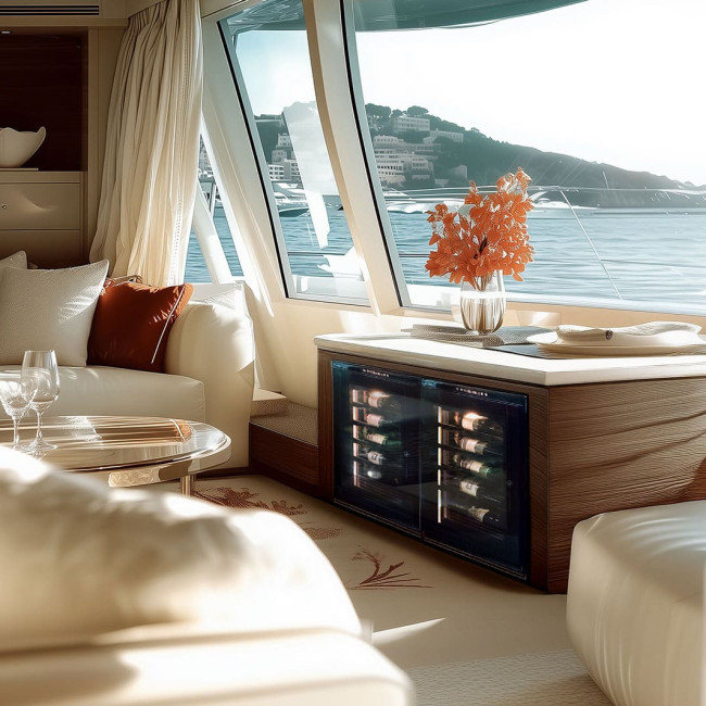 Double cave à vin EuroCave intégrée dans un meuble à bord d’un yacht de luxe, design élégant et conservation optimale du vin Double cave à vin EuroCave intégrée dans un meuble à bord d’un yacht de luxe, design élégant et conservation optimale du vin