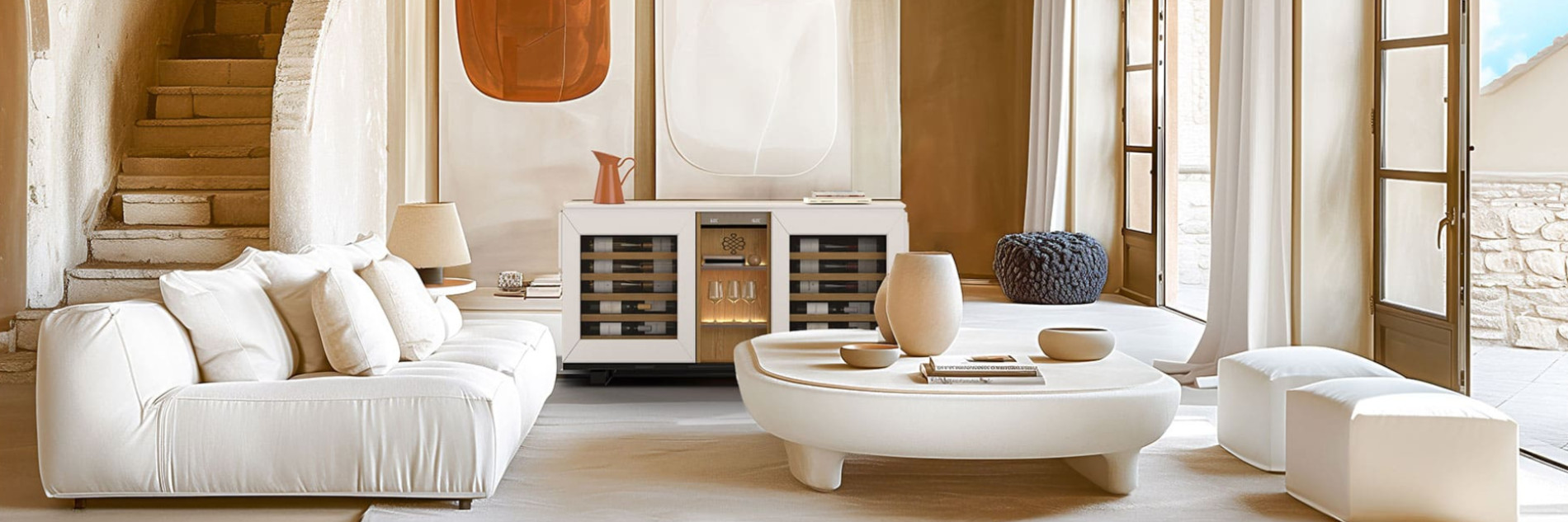 Mobilier à vin - Cave de service Harmonie avec 2 compartiments de température dans un salon style bohème chic.