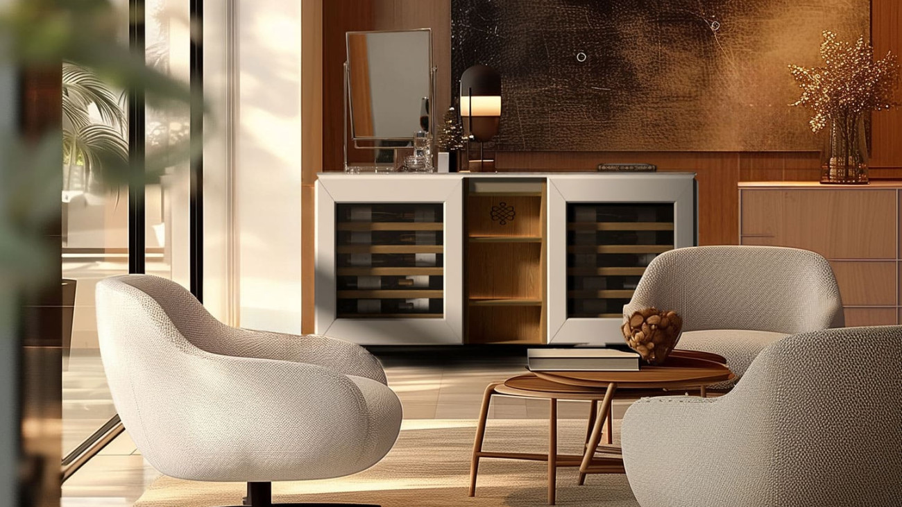 Cave à vin horizontale EuroCave, de type buffet vin, intégrée dans une pièce de vie à la décoration intérieure chaleureuse