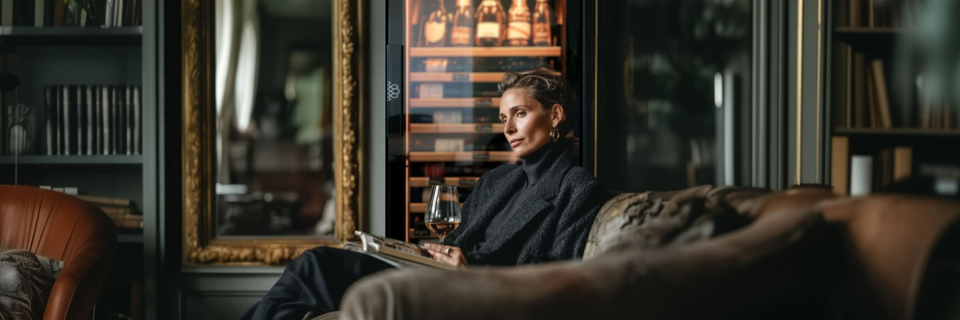 Amateur de vin dégustant un verre lors d’une dégustation devant une cave à vin