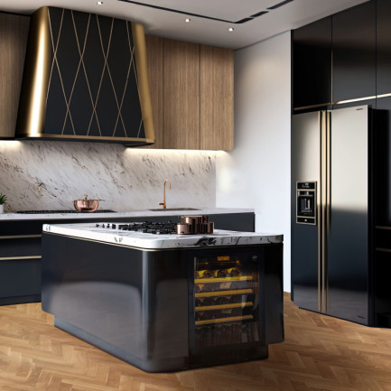 Petite cave a vin encastrable intégrée dans l'îlot d'une cuisine à la décoration luxueuse - Compact EuroCave