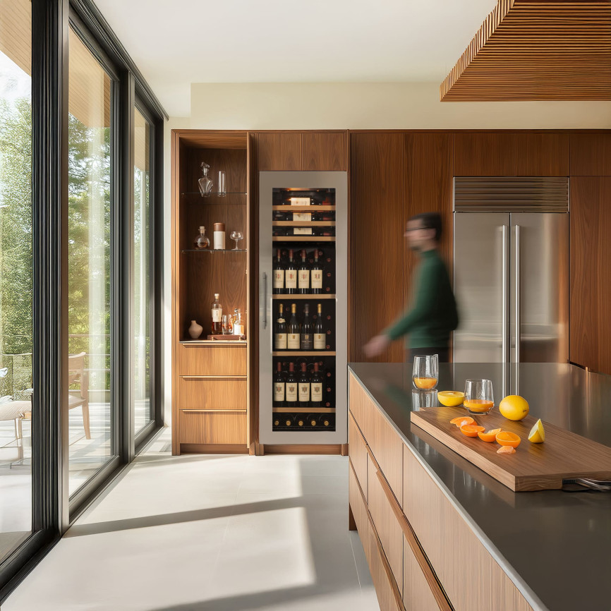 Cave à vin encastrable avec porte technique et habillage en inox, éclairage intégré et installation dans une cuisine moderne, collection Inspiration EuroCave.