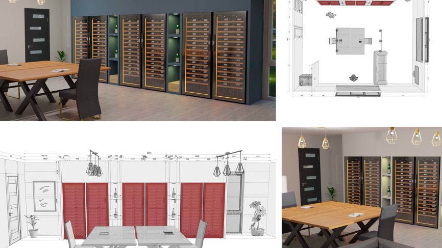 Visualisation 3D réaliste d’un projet de cave à vin sur mesure, présentant différentes configurations de rangement et options d’intégration en architecture intérieure