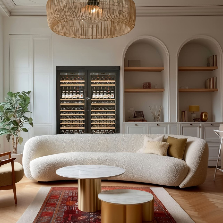 Grande cave à vin multifonction avec façade vitrée, assurant la conservation du vin à température contrôlée dans un salon